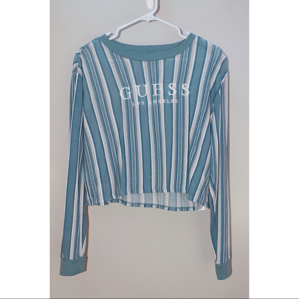 Guess women's blue, long sleeve cropped blouse
